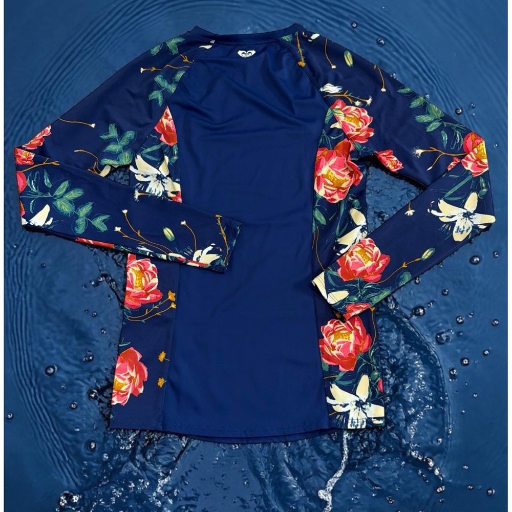Roxy Blue Floral Solid Long Sleeve Pullover Rashguard Kids Girls Size M 10 - Picture 7 of 8
